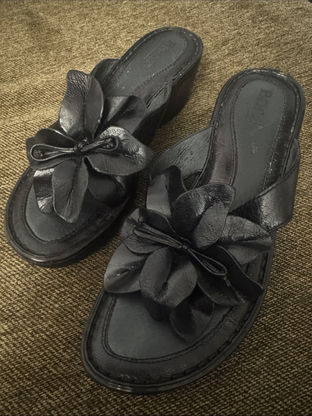 Clarks Black Floral Leather Wedge Mules